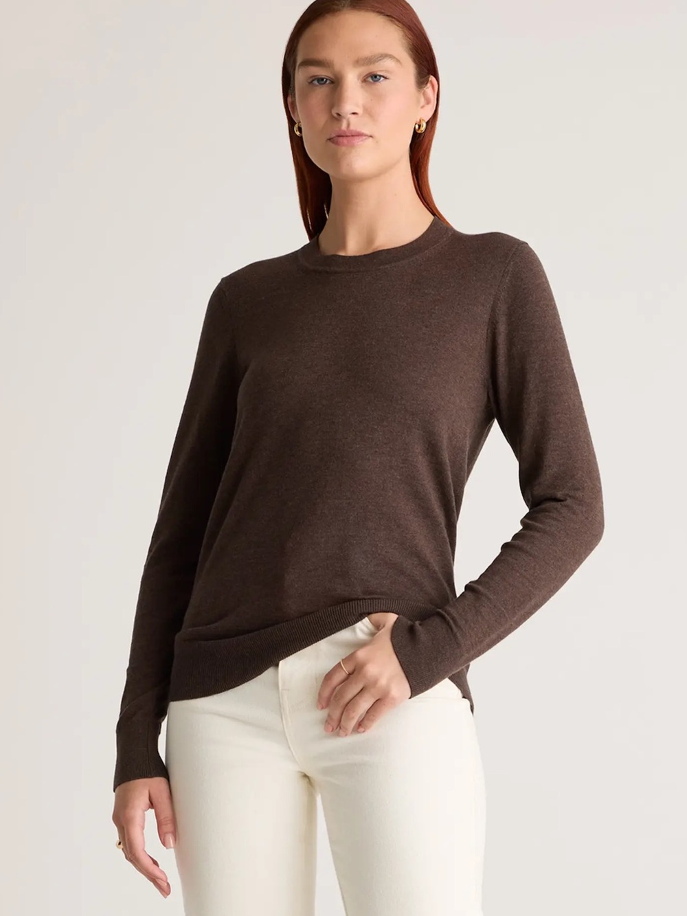 Quince Lightweight Cotton Cashmere Blend Brown Crewneck Sweater Size L